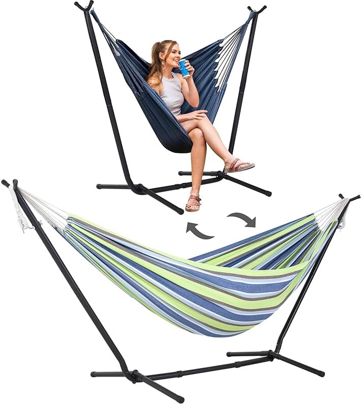SUNCREAT 2-in-1 Convertible Backyard Fabric Hammock with Stand, Large Hammocks for Outside, Patent Pending, Light Green Stripes - Product Image