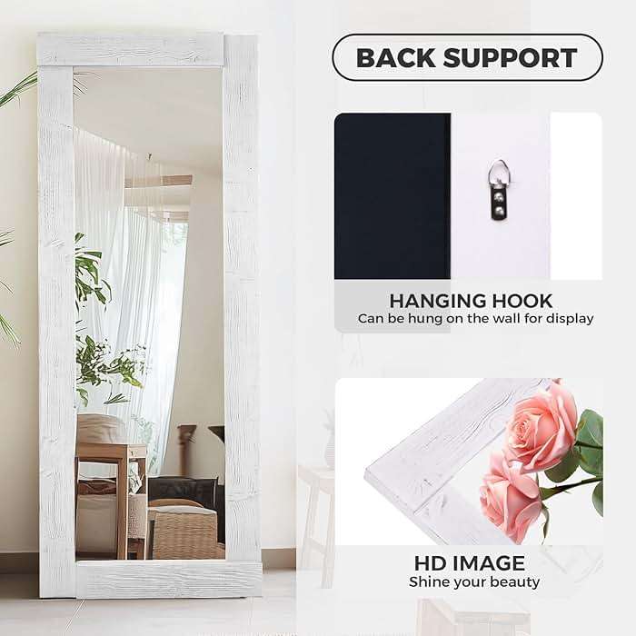 ABSWHLM Full Length Mirror 65"x24" – Solid Wood Frame, HD Tempered Glass, Wall Mounted & Leaning, Rustic Modern Decor for Bedroom, Living Room, Entryway, White - Image 3