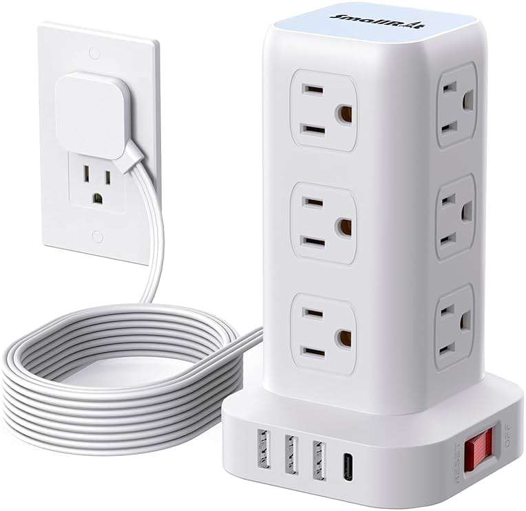 Extension Cord with Multiple Outlets, SMALLRT Flat Plug Surge Protector Power Strip Tower with USB 12 AC Outlets, 6.5FT Ultra Thin Extension Cord Outlet Extender for Home Office, Overload Protection - Image 1