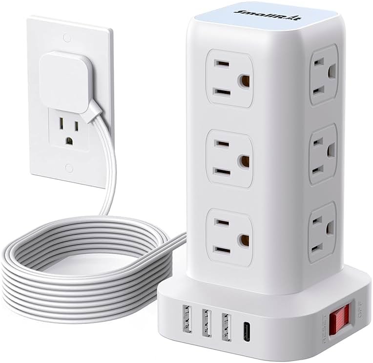 Extension Cord with Multiple Outlets, SMALLRT Flat Plug Surge Protector Power Strip Tower with USB 12 AC Outlets, 6.5FT Ultra Thin Extension Cord Outlet Extender for Home Office, Overload Protection - Product Image