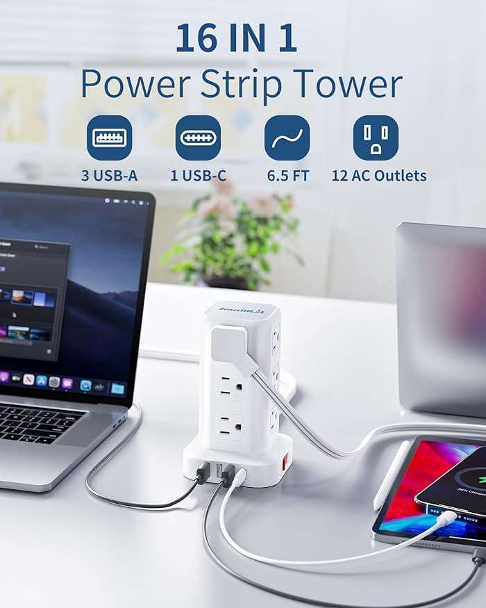 Extension Cord with Multiple Outlets, SMALLRT Flat Plug Surge Protector Power Strip Tower with USB 12 AC Outlets, 6.5FT Ultra Thin Extension Cord Outlet Extender for Home Office, Overload Protection - Image 2