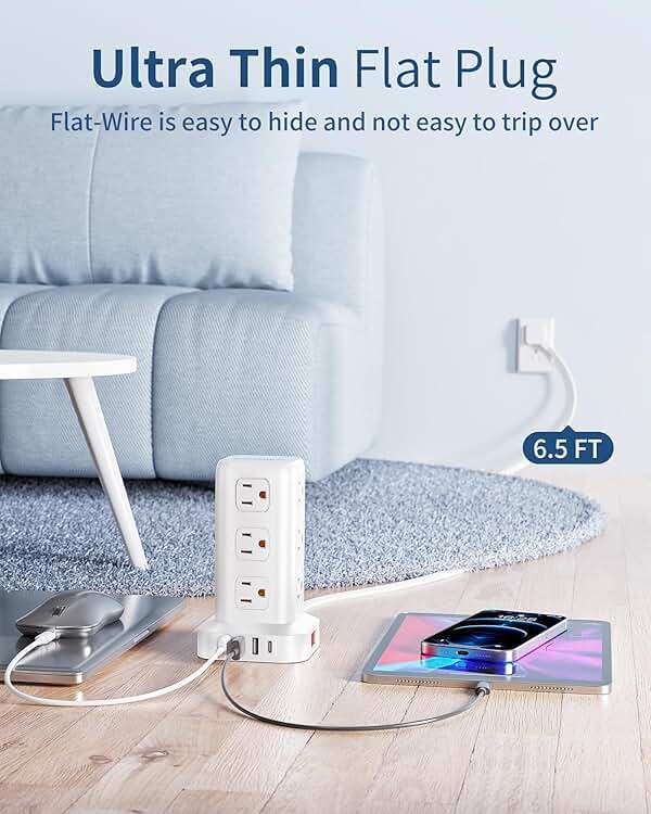 Extension Cord with Multiple Outlets, SMALLRT Flat Plug Surge Protector Power Strip Tower with USB 12 AC Outlets, 6.5FT Ultra Thin Extension Cord Outlet Extender for Home Office, Overload Protection - Image 5