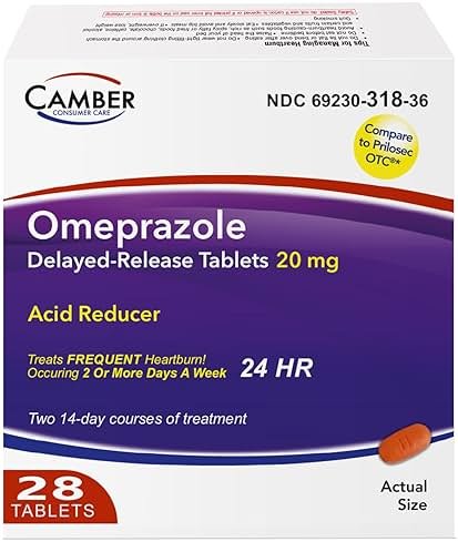 Camber Omeprazole 20mg Delayed-Release Tablets, Heartburn and Acid Reducer Reflux Medicine 28 Tablets - Product Image
