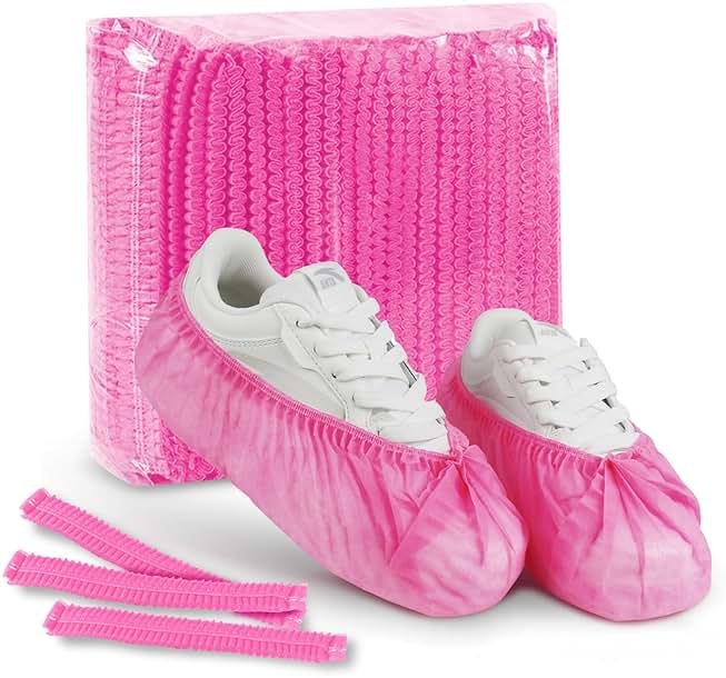 Disposable non-woven striped shoe covers (100 pcs - 50 pairs) durable, breathable, moisture-proof, thickened, odourless, simple and stylish design, suitable for men's size and women's size (Pink.) - Product Image