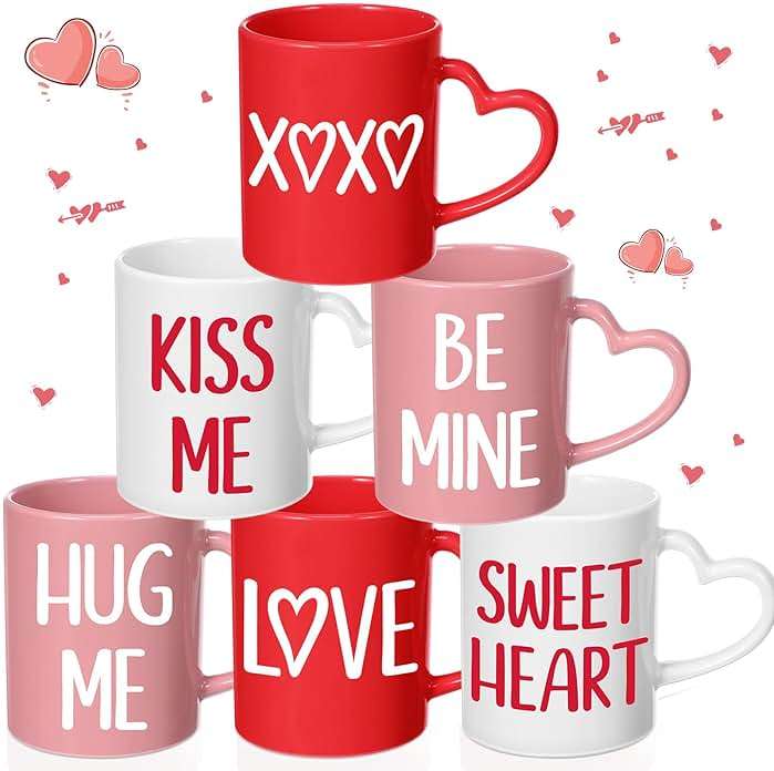Pickmesh Valentines Coffee Mug Set of 6, 10 oz Valentines Mugs with Handle Pink Red White Ceramic Enamel Cups for Gift Party Supplies - Image 1