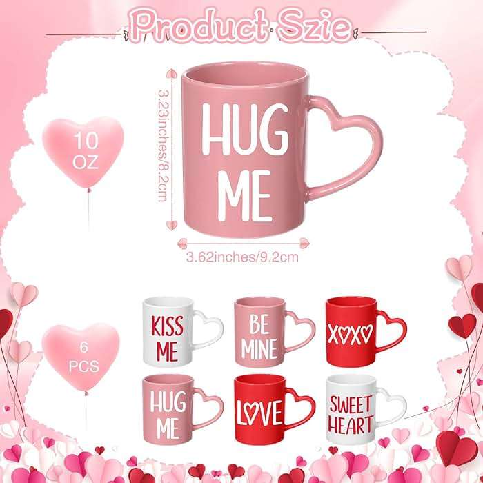 Pickmesh Valentines Coffee Mug Set of 6, 10 oz Valentines Mugs with Handle Pink Red White Ceramic Enamel Cups for Gift Party Supplies - Image 3