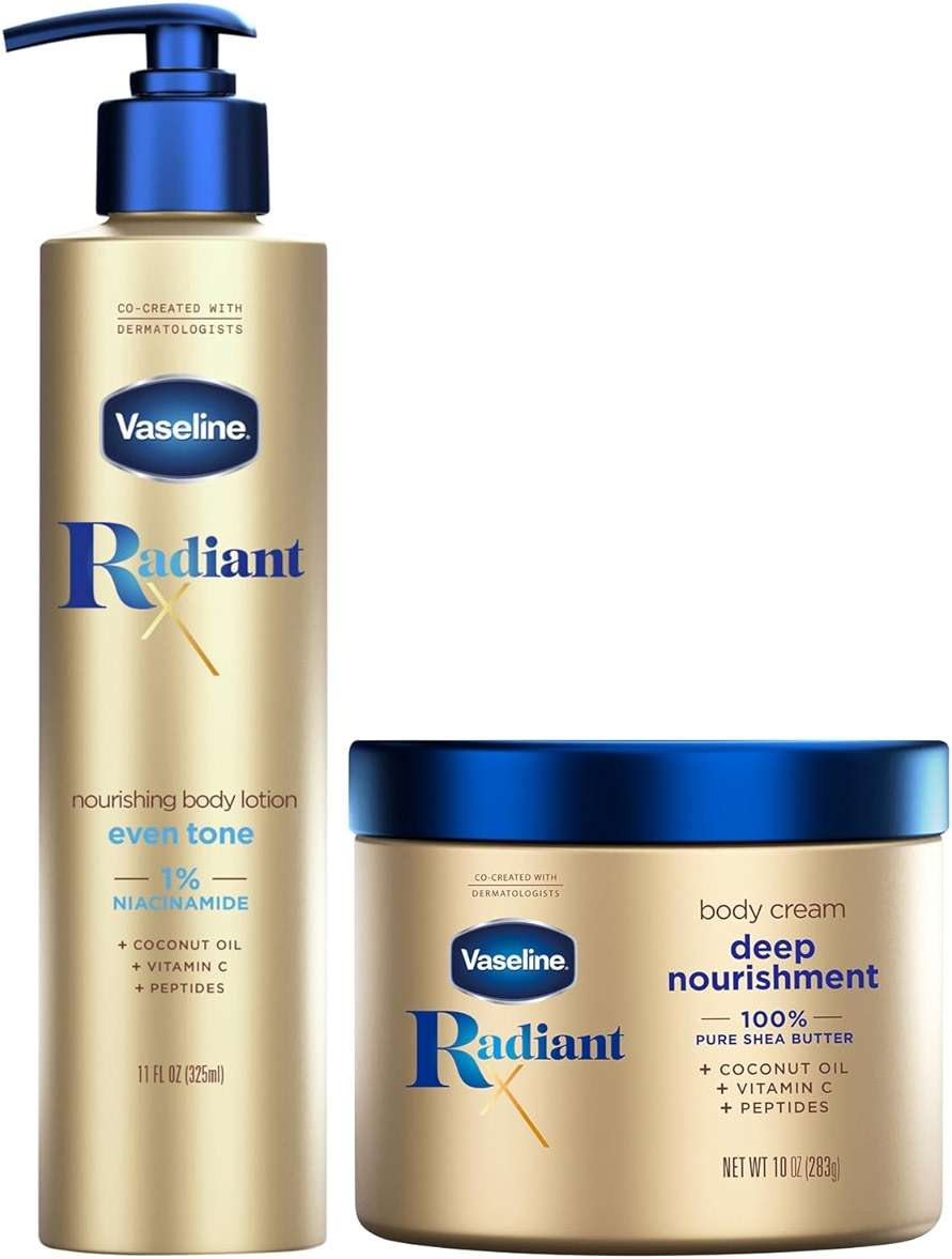 Vaseline Radiant X Skin Care Set – Even Tone Nourishing Body Lotion with 1% Niacinamide + Deep Nourishment Body Cream with Shea Butter & Vitamin C (2 Piece Set) - Image 1