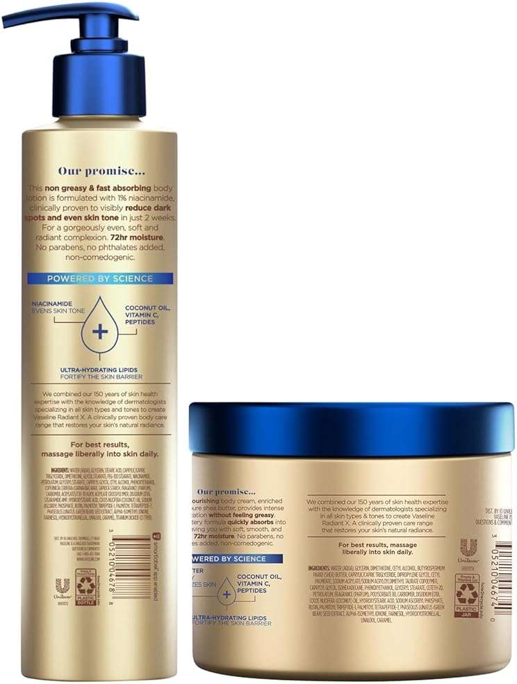 Vaseline Radiant X Skin Care Set – Even Tone Nourishing Body Lotion with 1% Niacinamide + Deep Nourishment Body Cream with Shea Butter & Vitamin C (2 Piece Set) - Image 2