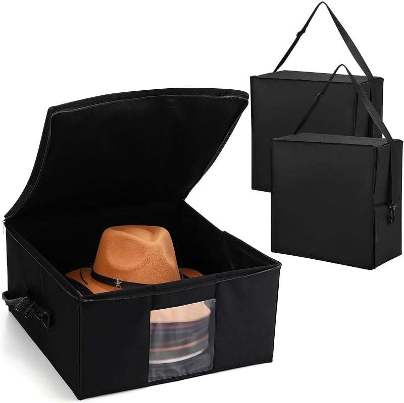 Wonderjune 2 Pcs Hat Storage Box Upgrade Stackable Organizer with Lids Cowboy Hat Box Large Square Bag Foldable Closet Sheet Organizer Travel Container for Men Women(Black) - Image 1