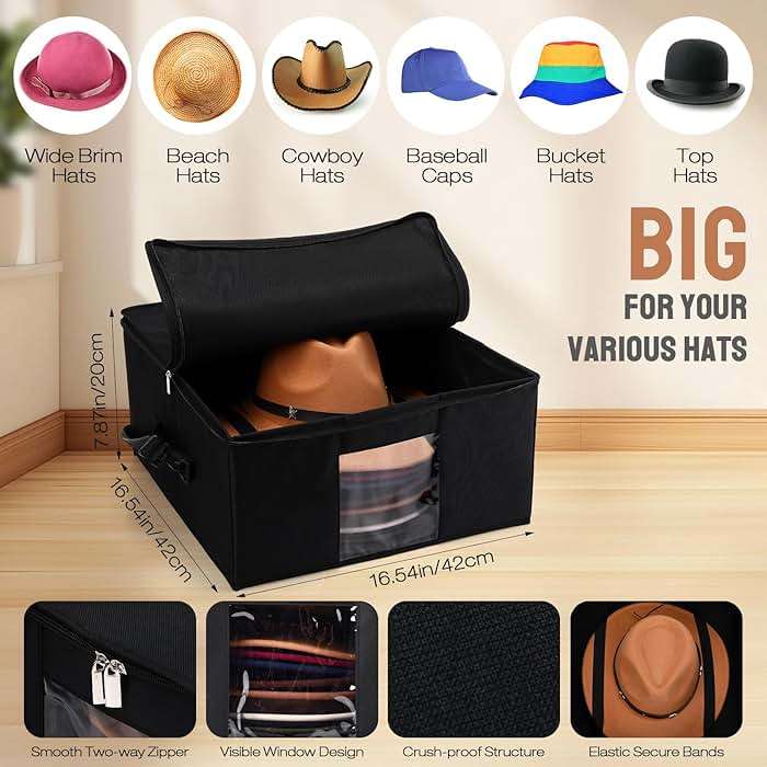Wonderjune 2 Pcs Hat Storage Box Upgrade Stackable Organizer with Lids Cowboy Hat Box Large Square Bag Foldable Closet Sheet Organizer Travel Container for Men Women(Black) - Image 2