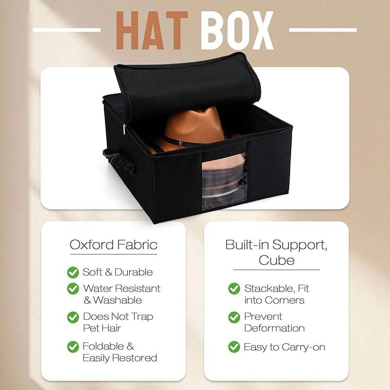 Wonderjune 2 Pcs Hat Storage Box Upgrade Stackable Organizer with Lids Cowboy Hat Box Large Square Bag Foldable Closet Sheet Organizer Travel Container for Men Women(Black) - Image 4