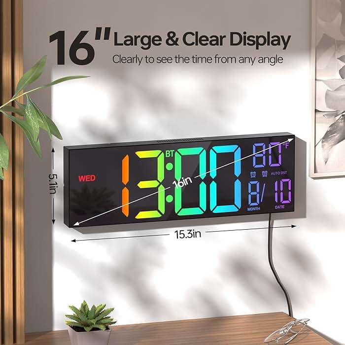 JALL 16.2" Large Digital Wall Clock with Bluetooth Sync, RGB Digital Clock Large Display with Auto DST, Wall Clock for Classroom Bedroom Gym Office, Led Clock for Seniors (Black) - Image 2