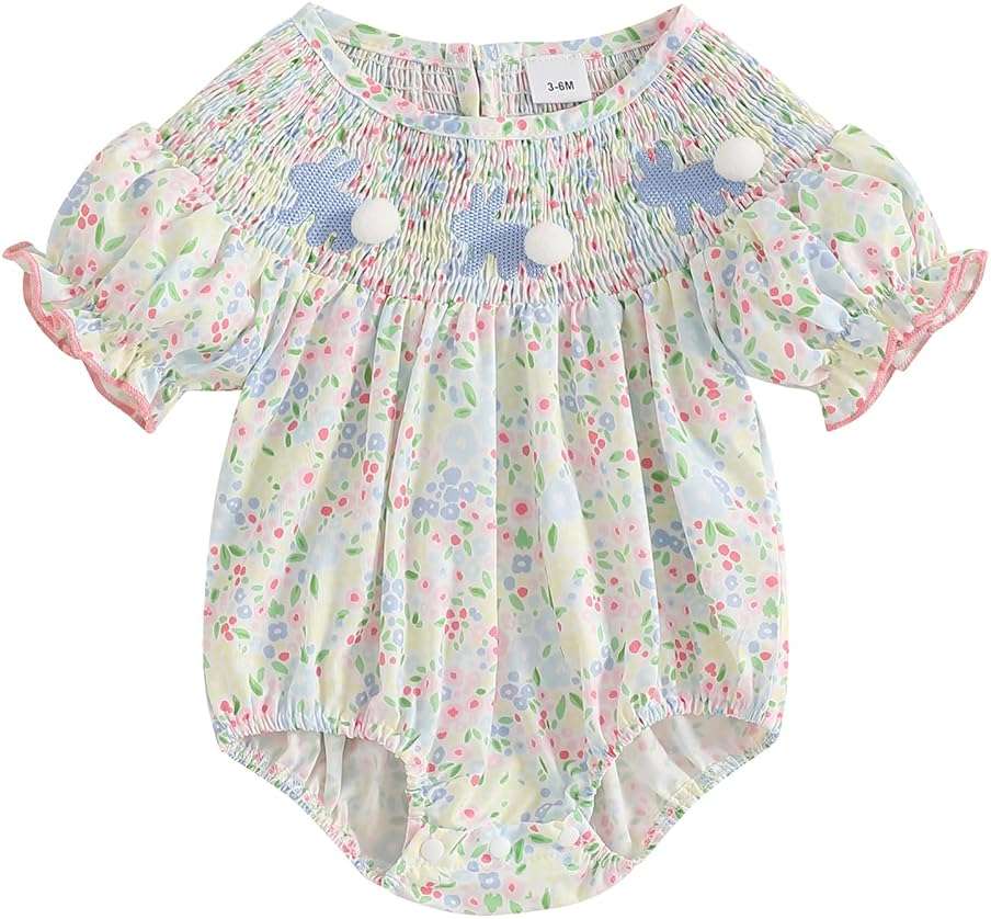 Foidiccx Baby Girl 4th of July Outfit Lace Trim Puff Sleeve Bow Fireworks Embroidery Romper Newborn Bib Neck Plaid Bodysuit - Image 1