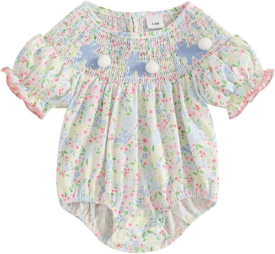 Foidiccx Baby Girl 4th of July Outfit Lace Trim Puff Sleeve Bow Fireworks Embroidery Romper Newborn Bib Neck Plaid Bodysuit - Product Image