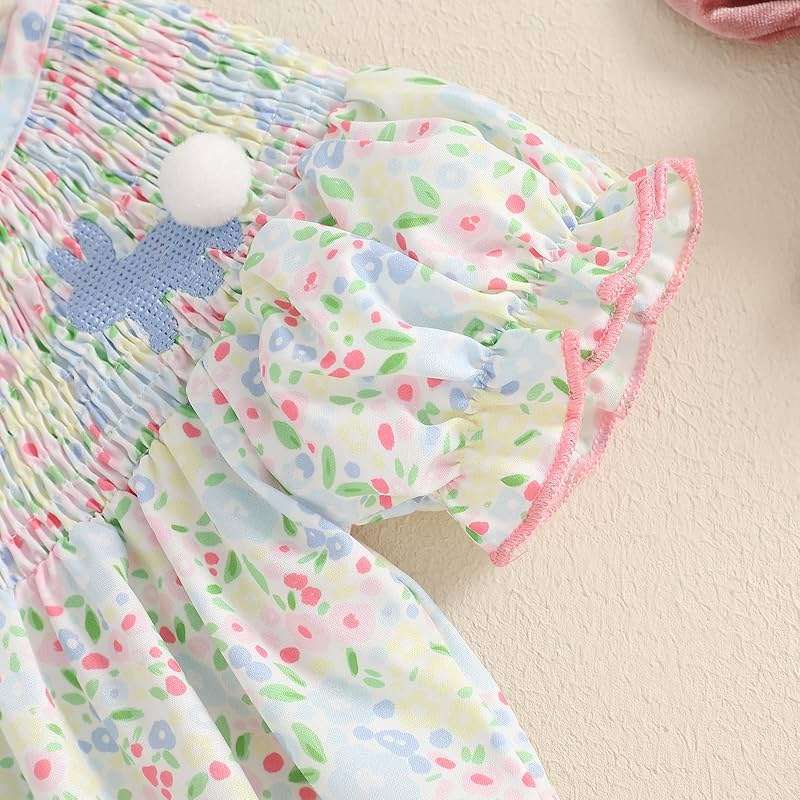Foidiccx Baby Girl 4th of July Outfit Lace Trim Puff Sleeve Bow Fireworks Embroidery Romper Newborn Bib Neck Plaid Bodysuit - Image 3