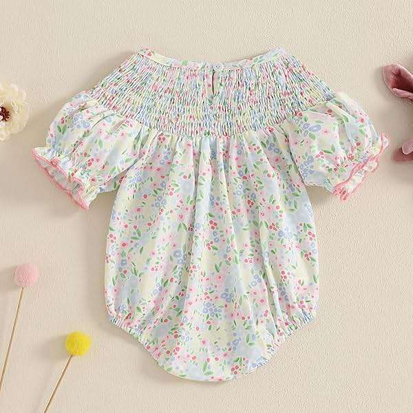 Foidiccx Baby Girl 4th of July Outfit Lace Trim Puff Sleeve Bow Fireworks Embroidery Romper Newborn Bib Neck Plaid Bodysuit - Image 6