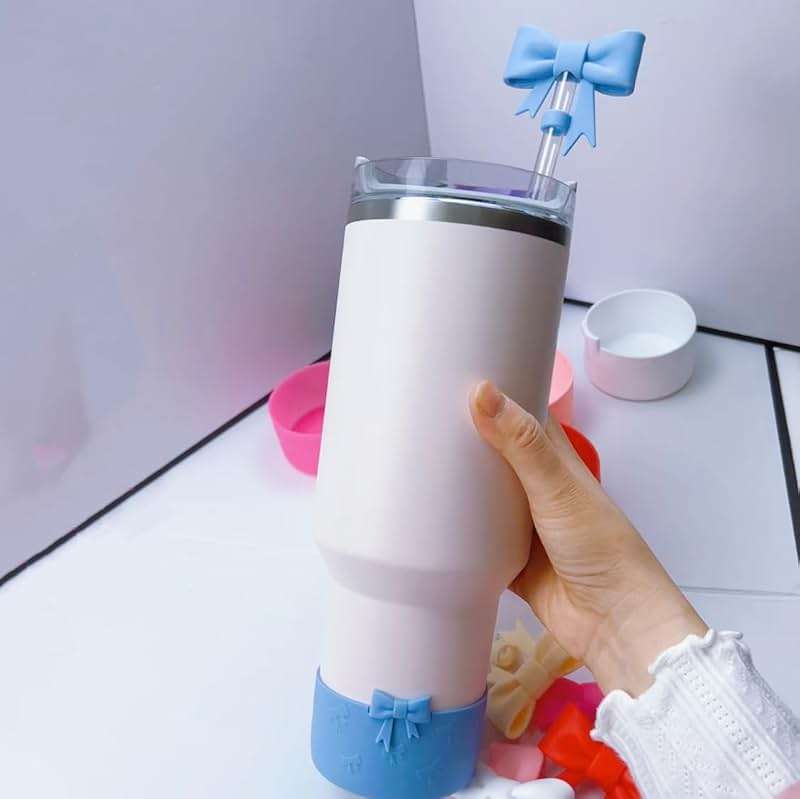 AXMCCH 7.5cm Silicone Bottle Cover &10mm Bow Shape Straw Topper for Stanley Cup 12-40oz (Blue) - Image 2