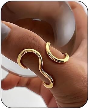 AIETUE Chunky Rings For Women, Gold Silver Thumb Ring Asymmetrical Wavy Curve Ring Adjustable Non Tarnish Dainty Stainless Steel New Year Anniversary Birthday Jewelry Gift - Product Image