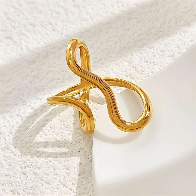 AIETUE Chunky Rings For Women, Gold Silver Thumb Ring Asymmetrical Wavy Curve Ring Adjustable Non Tarnish Dainty Stainless Steel New Year Anniversary Birthday Jewelry Gift - Image 2
