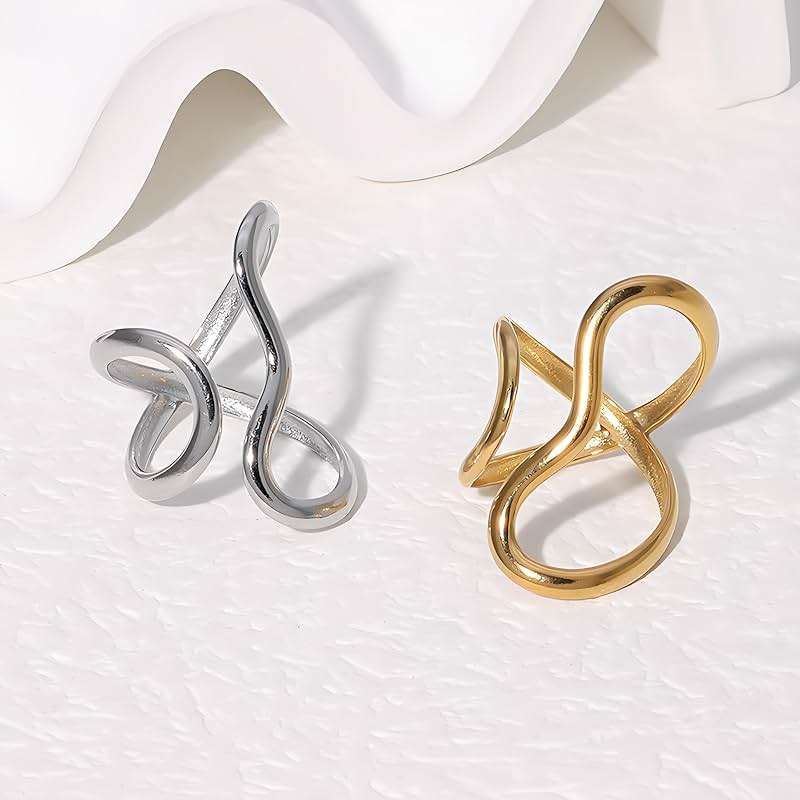 AIETUE Chunky Rings For Women, Gold Silver Thumb Ring Asymmetrical Wavy Curve Ring Adjustable Non Tarnish Dainty Stainless Steel New Year Anniversary Birthday Jewelry Gift - Image 8