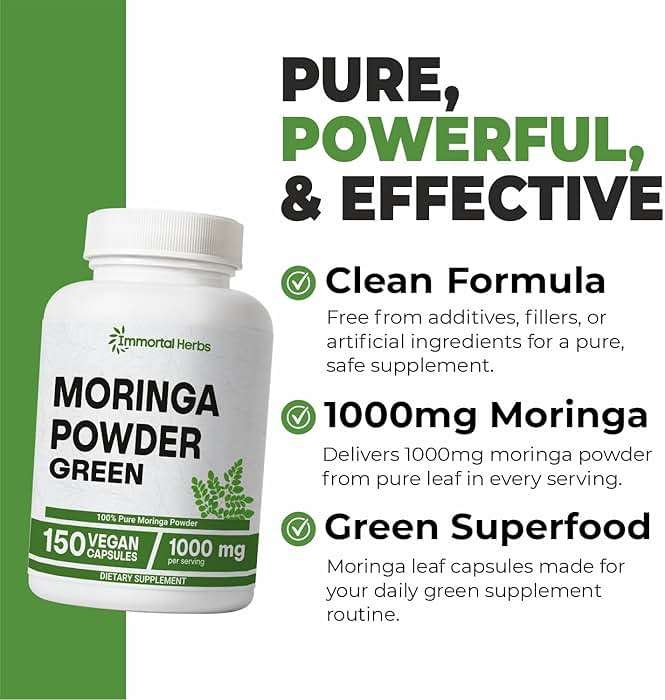 Immortal Herbs Moringa Capsules 1000mg, 20:1 Pure Moringa Leaf Powder Extract, 150 Vegan Pills, 2.5 Month Supply, Non-GMO & Gluten Free Oleifera Green Superfood Supplement - Image 3