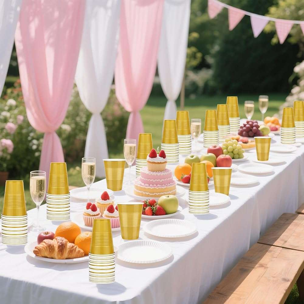 WYTAOHZL 100 Pack Gold Plastic Cups 16 OZ Gold Disposable Cups for Party Drinking Cup Disposable Cup for Wedding Parties Picnic - Image 2