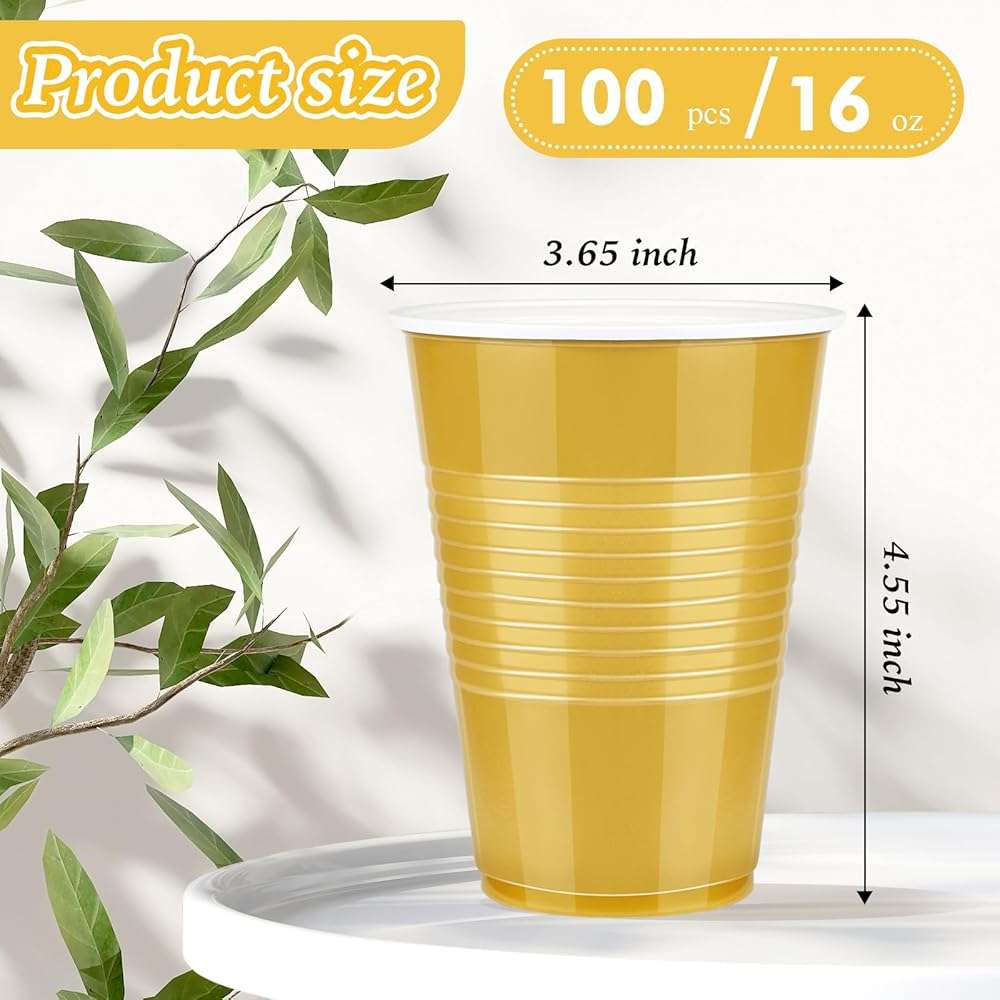 WYTAOHZL 100 Pack Gold Plastic Cups 16 OZ Gold Disposable Cups for Party Drinking Cup Disposable Cup for Wedding Parties Picnic - Image 3