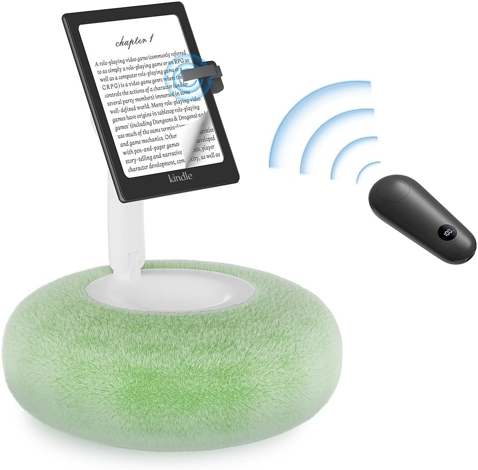 VOLTIFYMAX Magnetic Kindle Holder with Page Turner, Cozy Pillow Kindle Stand for Reading, 360° Adjustable Phone Holder for Bed, Small Bowl for Tablet Stand with Stable Suction Base (Green) - Product Image