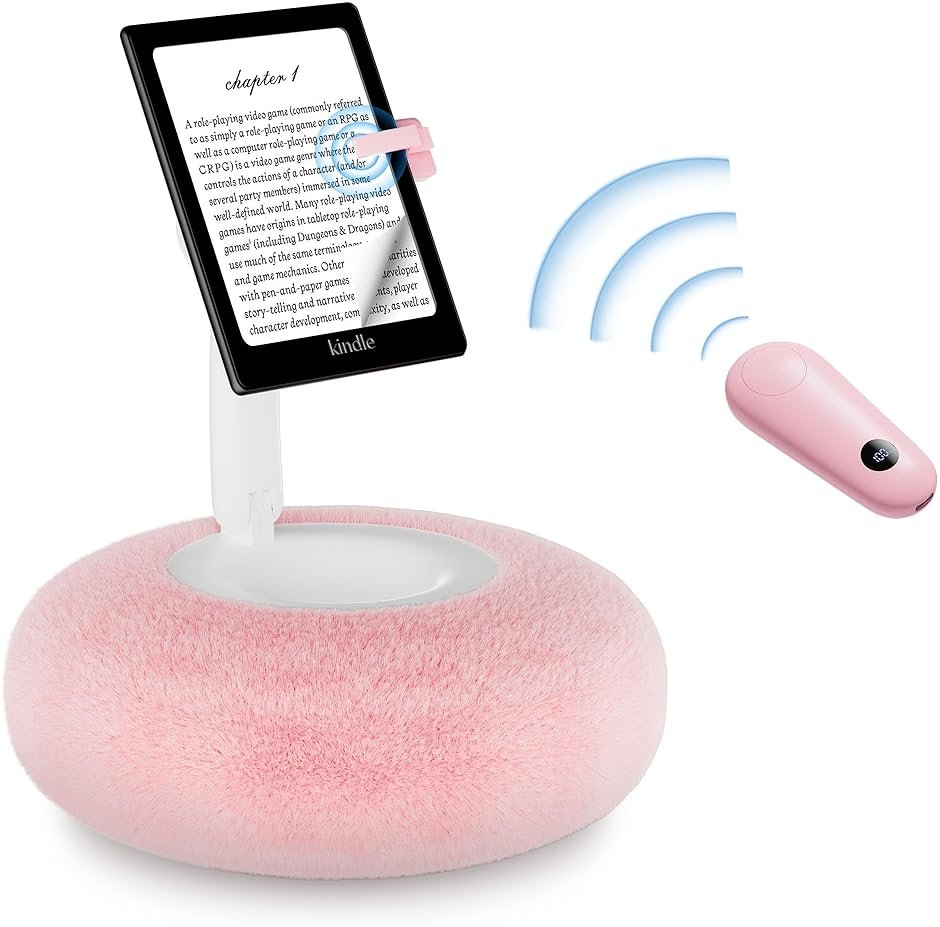 VoltifyMax Magnetic Kindle Holder with Page Turner, Cozy Pillow Kindle Stand for Reading, 360° Adjustable Phone Holder for Bed, Small Bowl for Tablet Stand with Stable Suction Base (Pink) - Product Image