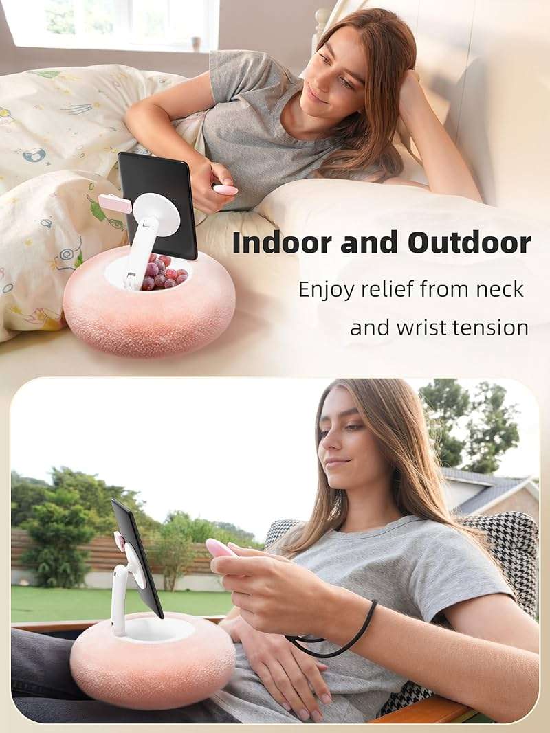 VoltifyMax Magnetic Kindle Holder with Page Turner, Cozy Pillow Kindle Stand for Reading, 360° Adjustable Phone Holder for Bed, Small Bowl for Tablet Stand with Stable Suction Base (Pink) - Image 3