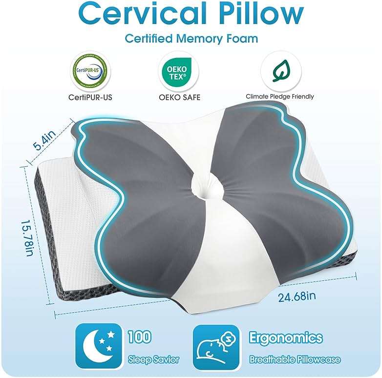 CloudBliss Cervical Neck Pillow for Sleeping, Ergonomic Memory Foam Pillow for Pain Relief Neck Shoulder Support for Side Back Stomach Sleepers, Birthday Gift (Grey, Queen Size) - Image 2