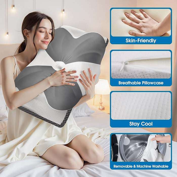 CloudBliss Cervical Neck Pillow for Sleeping, Ergonomic Memory Foam Pillow for Pain Relief Neck Shoulder Support for Side Back Stomach Sleepers, Birthday Gift (Grey, Queen Size) - Image 6