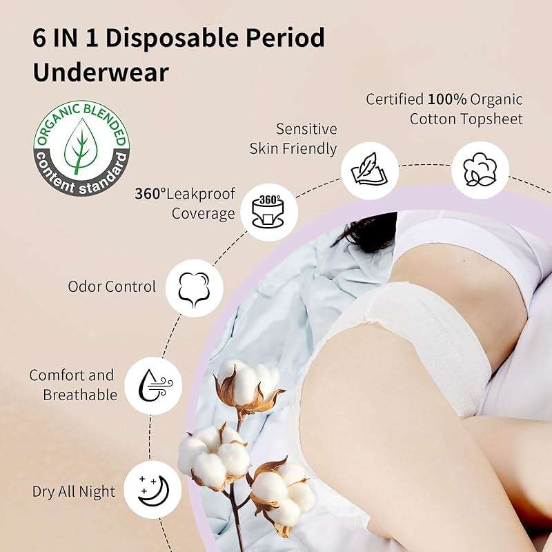 Organic Cotton Disposable Period Underwear for Women, Postpartum Diapers, Incontinence Pads for Sensitive Skin, Unscented, 360° Leakproof Panties Heavy Flow Overnight, Size L/XL, 10 Count - Image 2