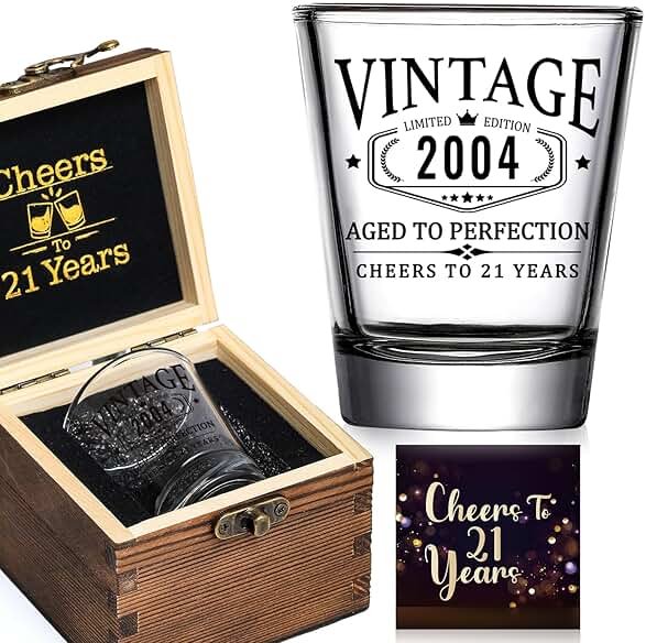 21st Birthday Gifts for Him Her - Limited Edition Shot Glass with Wooden Box - Vintage 2005 Cheers To 21 Years, Finally 21 Party Decorations Supplies - Turning 21 Bday Present for Men Brother Friends - Product Image