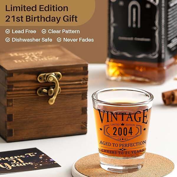 21st Birthday Gifts for Him Her - Limited Edition Shot Glass with Wooden Box - Vintage 2005 Cheers To 21 Years, Finally 21 Party Decorations Supplies - Turning 21 Bday Present for Men Brother Friends - Image 4