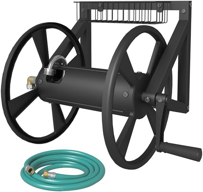 Artigarden Triangle Wall Mounted Garden Hose Reel, Outdoor Heavy-Duty Water Hoses Holder Winder, Holds 125 Ft of 5/8-Inch Hose, with 3.9 ft Leader Hose, Brass Fitting, Storage Basket for Yard, Black - Product Image