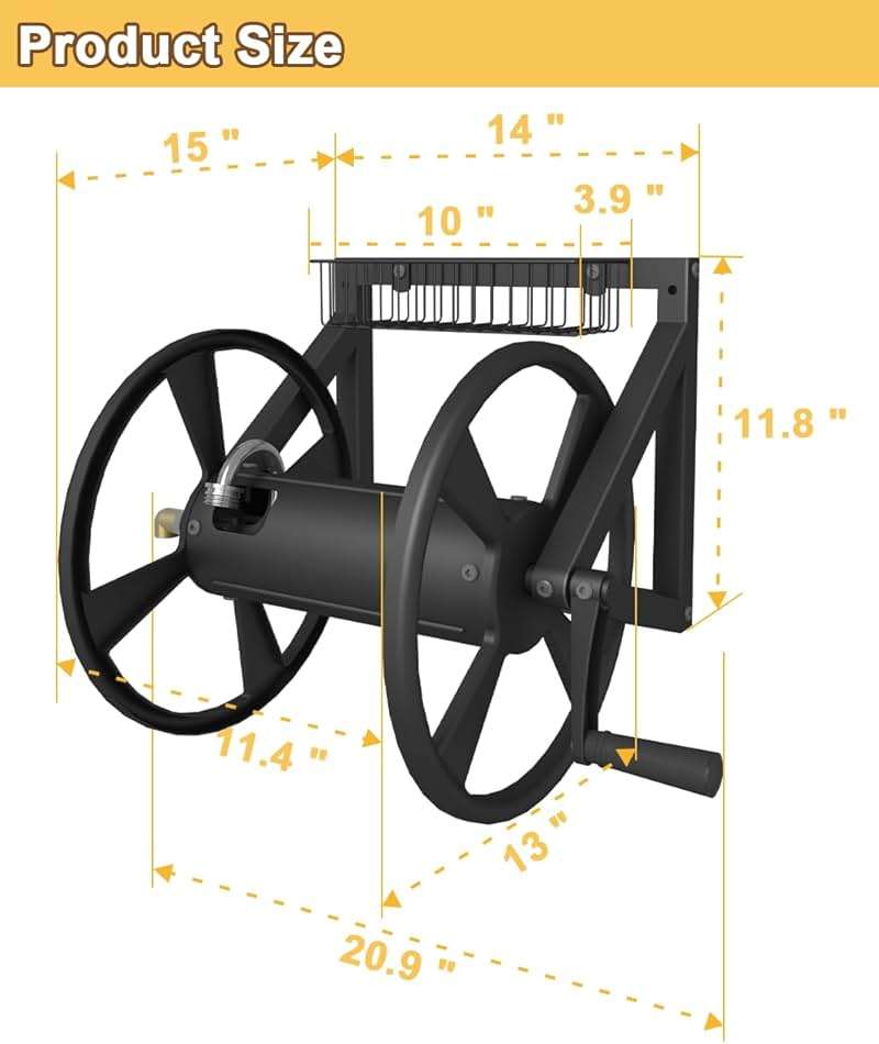 Artigarden Triangle Wall Mounted Garden Hose Reel, Outdoor Heavy-Duty Water Hoses Holder Winder, Holds 125 Ft of 5/8-Inch Hose, with 3.9 ft Leader Hose, Brass Fitting, Storage Basket for Yard, Black - Image 2