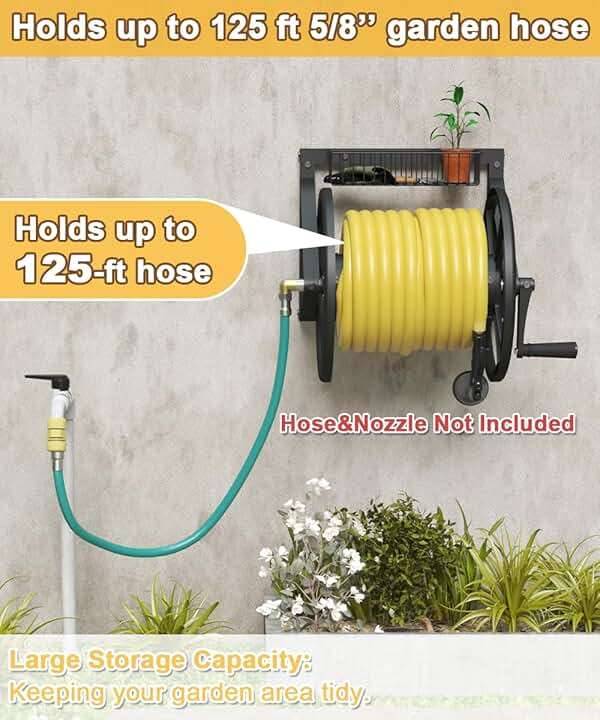 Artigarden Triangle Wall Mounted Garden Hose Reel, Outdoor Heavy-Duty Water Hoses Holder Winder, Holds 125 Ft of 5/8-Inch Hose, with 3.9 ft Leader Hose, Brass Fitting, Storage Basket for Yard, Black - Image 4