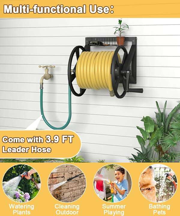 Artigarden Triangle Wall Mounted Garden Hose Reel, Outdoor Heavy-Duty Water Hoses Holder Winder, Holds 125 Ft of 5/8-Inch Hose, with 3.9 ft Leader Hose, Brass Fitting, Storage Basket for Yard, Black - Image 6
