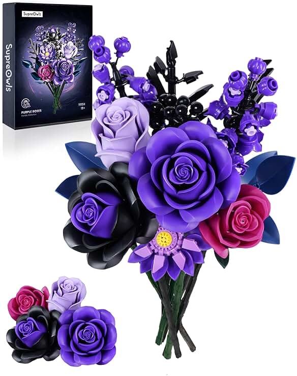 iATOM Flower Bouquet Building Set, Purple Roses Botanical Collection Kits for Adults Women, Gift for Mothers Day for Her/Mom/Girlfriend/Wife/Couple, Gothic Modern Home Room Office Table Decor - Product Image
