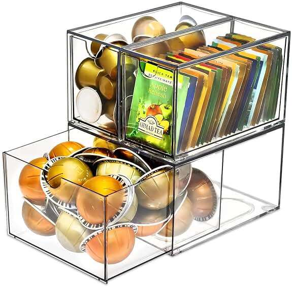 KAIDELI 3 Acrylic Coffee K Cup and Tea Bag Organizer, Coffee Pod Drawer Holders, Stackable Accessories Tea Organizers and Storage for Kitchen Multi Organizers-Clear - Image 1