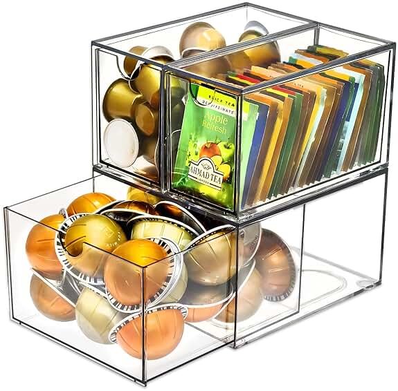 KAIDELI 3 Acrylic Coffee K Cup and Tea Bag Organizer, Coffee Pod Drawer Holders, Stackable Accessories Tea Organizers and Storage for Kitchen Multi Organizers-Clear - Product Image