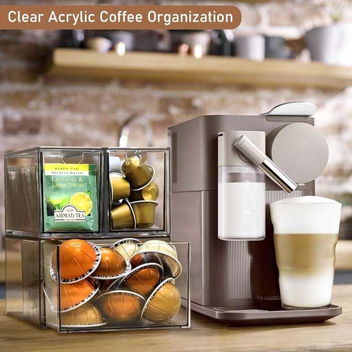 KAIDELI 3 Acrylic Coffee K Cup and Tea Bag Organizer, Coffee Pod Drawer Holders, Stackable Accessories Tea Organizers and Storage for Kitchen Multi Organizers-Clear - Image 2