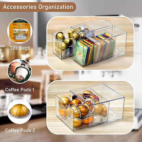 KAIDELI 3 Acrylic Coffee K Cup and Tea Bag Organizer, Coffee Pod Drawer Holders, Stackable Accessories Tea Organizers and Storage for Kitchen Multi Organizers-Clear - Image 4