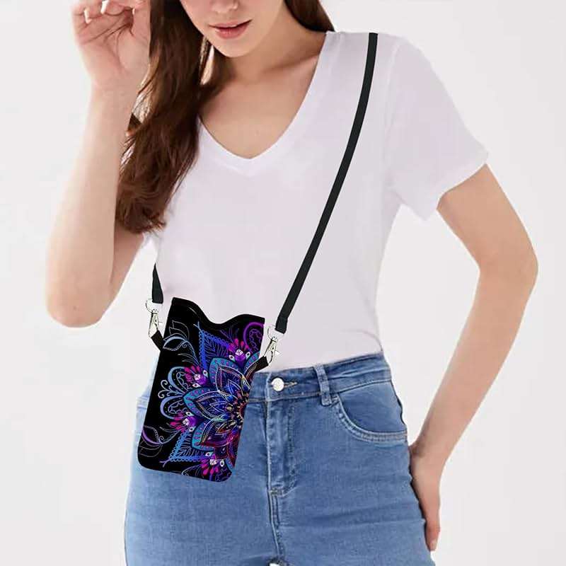 otilil Neoprene Cell Phone Sleeve Pouch Case Bag with Crossbody Strap Neck Lanyard for Women 7.1 X 3.9 in Purple Flower - Image 5