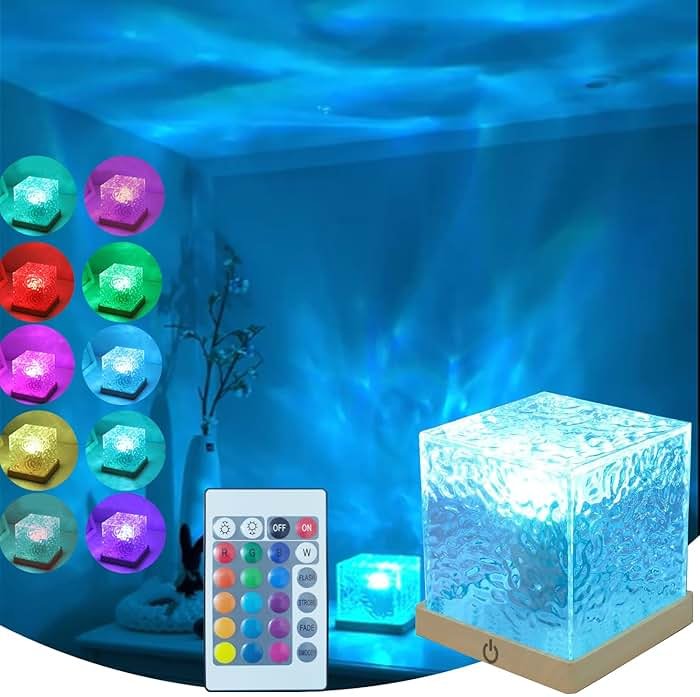 Baibaiba Ocean Lamp Water Light Projector - Water Ripple Projector Light Cube Aurora Northern Lights Wave Ripple Night Light for Bedroom (16 Colors) - Product Image