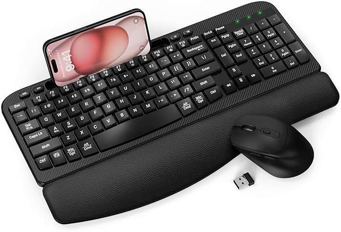 Hayyiesh Ergonomic Wave Keys Wireless Keyboard and Mouse Combo, Full Size with Memory Foam Wrist Rest & Phone Holder, 2.4G Cordless Set with USB-C Adapter for Windows Mac Desktop Laptop (Black) - Image 1