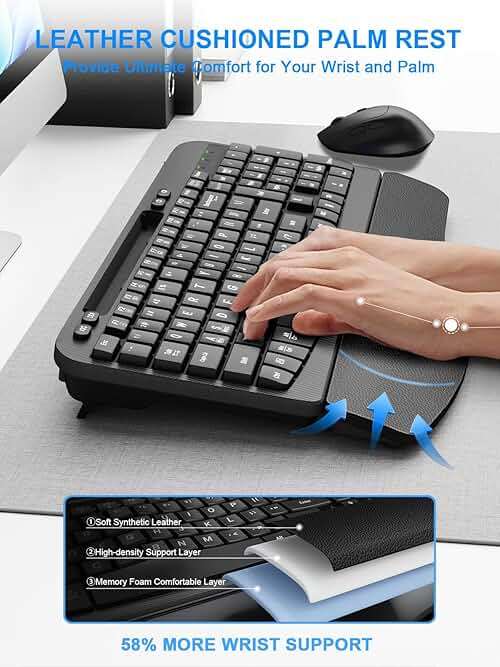 Hayyiesh Ergonomic Wave Keys Wireless Keyboard and Mouse Combo, Full Size with Memory Foam Wrist Rest & Phone Holder, 2.4G Cordless Set with USB-C Adapter for Windows Mac Desktop Laptop (Black) - Image 2