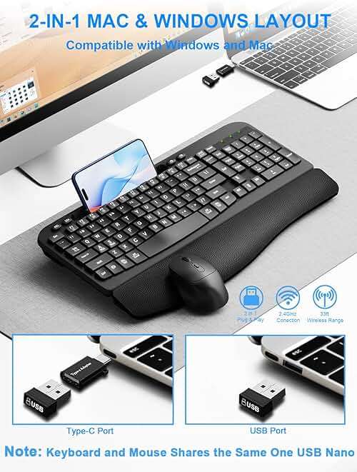 Hayyiesh Ergonomic Wave Keys Wireless Keyboard and Mouse Combo, Full Size with Memory Foam Wrist Rest & Phone Holder, 2.4G Cordless Set with USB-C Adapter for Windows Mac Desktop Laptop (Black) - Image 4