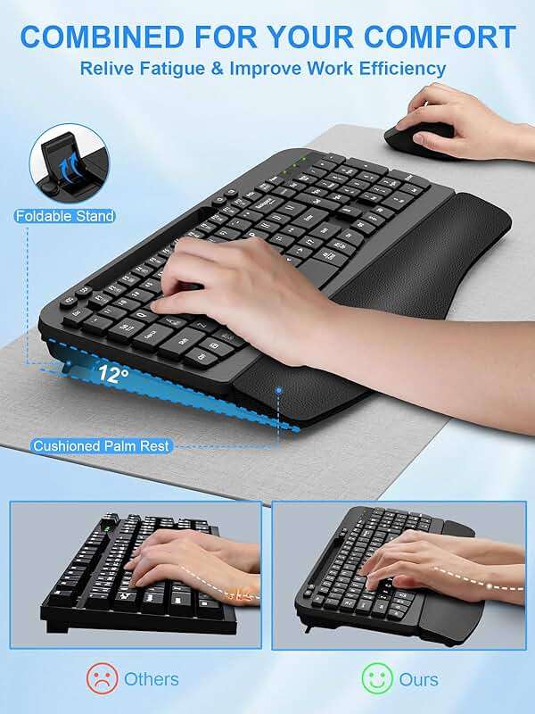 Hayyiesh Ergonomic Wave Keys Wireless Keyboard and Mouse Combo, Full Size with Memory Foam Wrist Rest & Phone Holder, 2.4G Cordless Set with USB-C Adapter for Windows Mac Desktop Laptop (Black) - Image 5